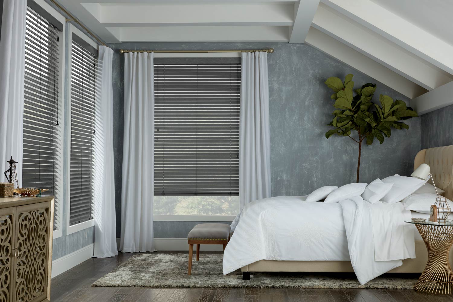 Hunter Douglas Parkland Wood Blinds with custom side panel drapery